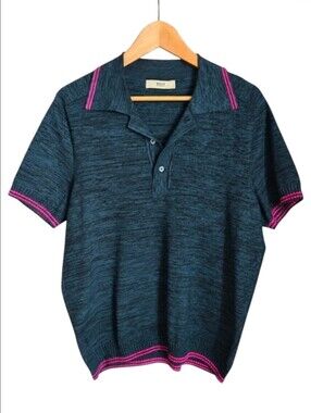 BALLY | Silk Blend Knit Polo Shirt Blue Pink Trim Men’s 42
